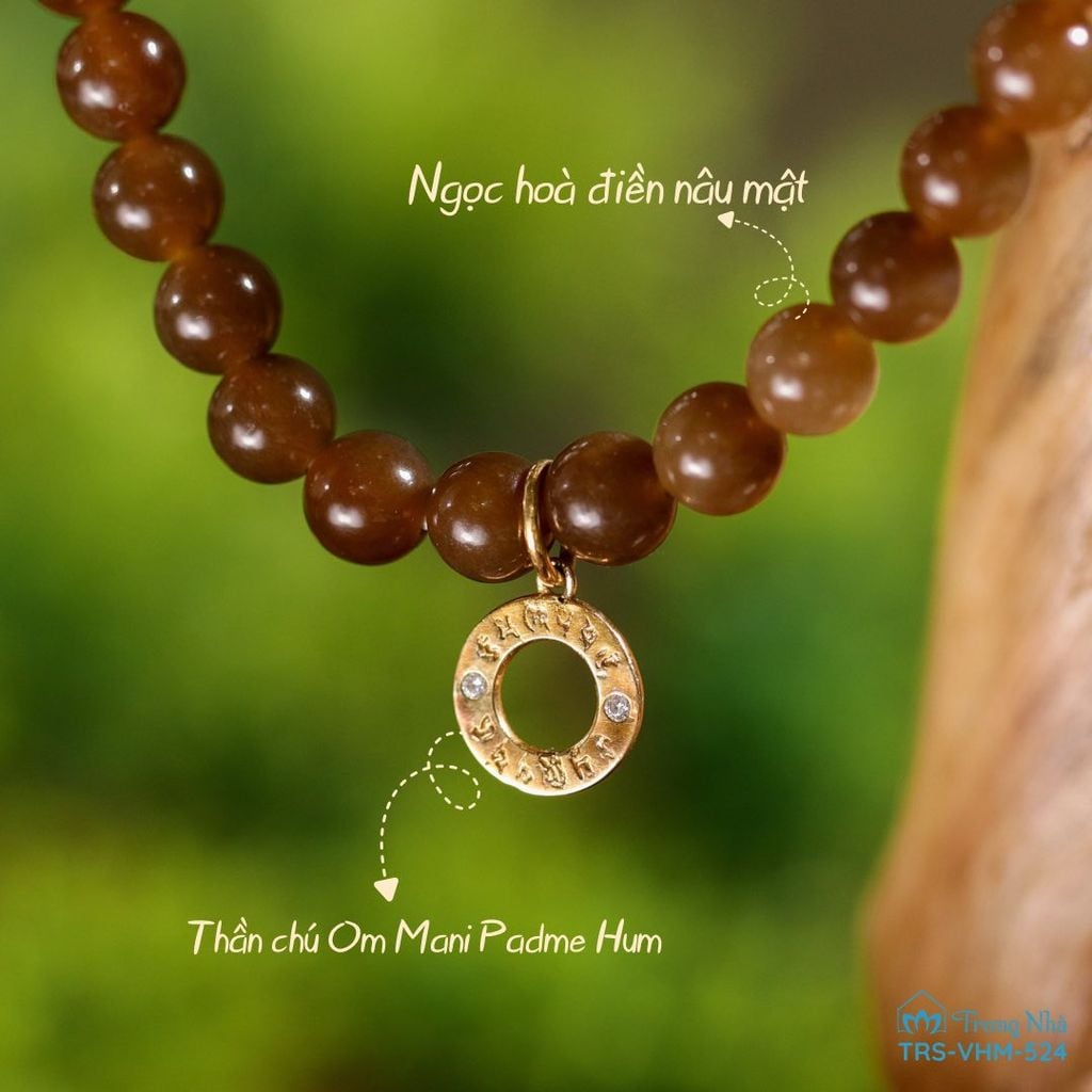 Vòng ngọc hoà điền nâu cuốn đôi charm hoa sen ( VHM 524 )