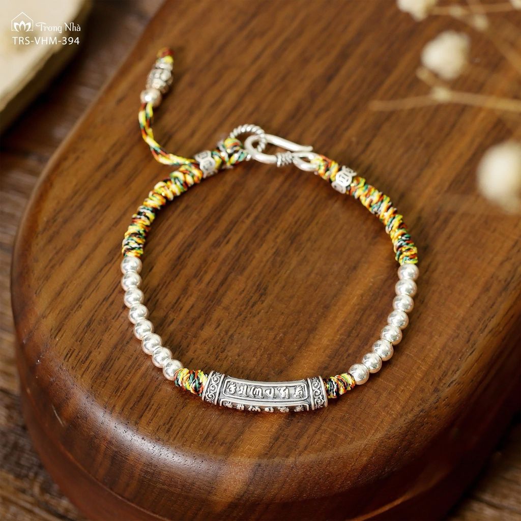 Vòng tết dây charm ống bạc khắc chú Om mani (3 ống) VHM 394