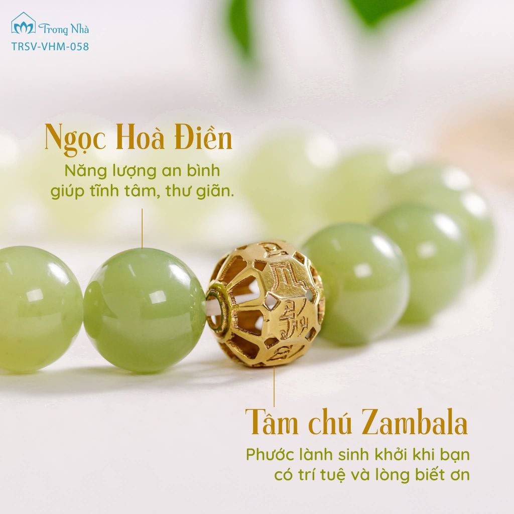 Vòng Ngọc hoà điền mix charm zambala vàng ( TRSV VHM 058 )