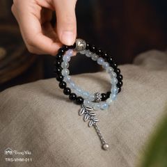 Vòng cuốn đôi Om mani padme hum tourmaline đen mix aquamarine