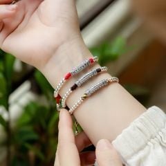 Vòng tết dây charm ống bạc khắc chú Om mani (3 ống) VHM 394