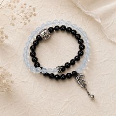 Vòng cuốn đôi Om mani padme hum tourmaline đen mix aquamarine