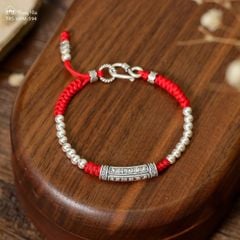 Vòng tết dây charm ống bạc khắc chú Om mani (3 ống) VHM 394