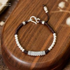 Vòng tết dây charm ống bạc khắc chú Om mani (3 ống) VHM 394