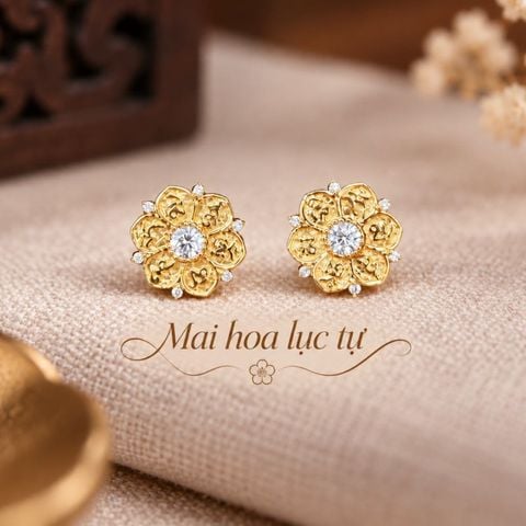 Khuyên tai vàng hoa 6 cánh - Om mani padme hum ( TRSV KHTAI 021 )