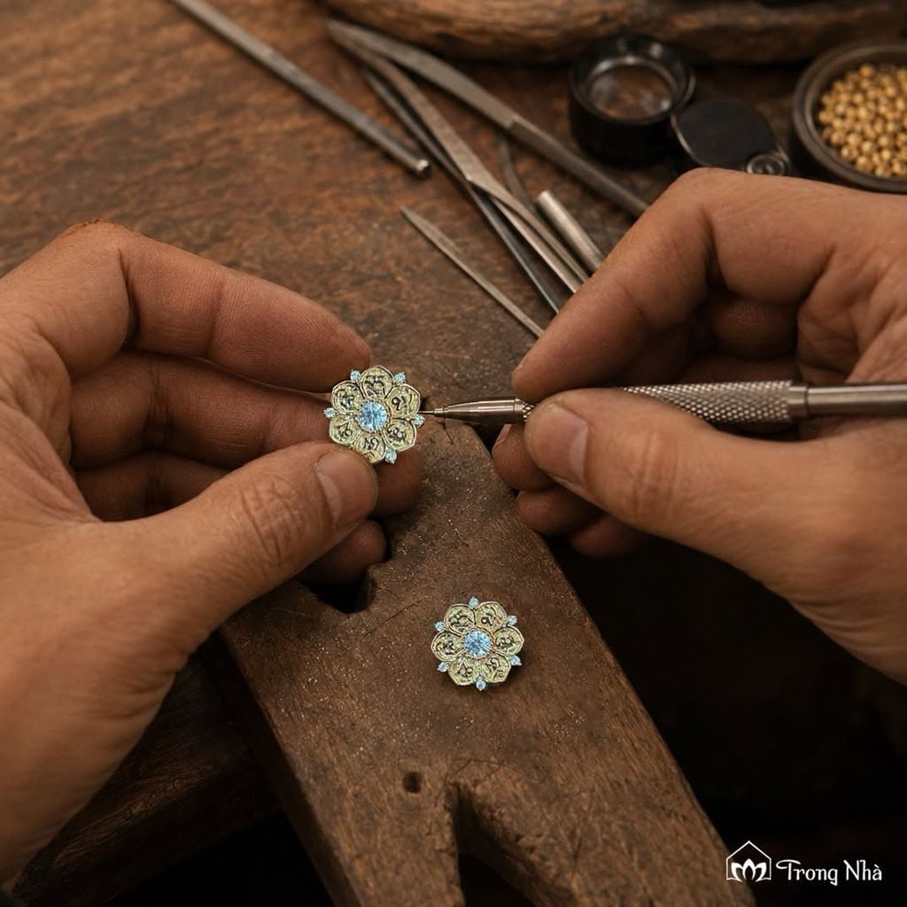 Khuyên tai vàng hoa 6 cánh - Om mani padme hum ( TRSV KHTAI 021 )