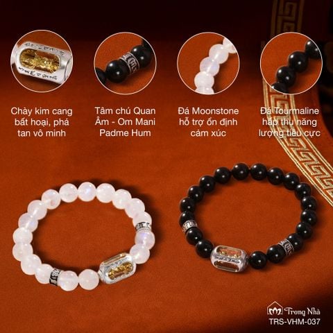 Vòng Kim cang hộ tâm - tourmaline đen mix chày kim cang khắc Om mani padme hum ( TRS VHM 037 )