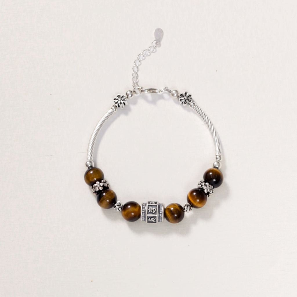 Vòng Định Tâm - Mắt hổ nâu vàng mix charm om mani padme hum ( TRS VHM 006 )