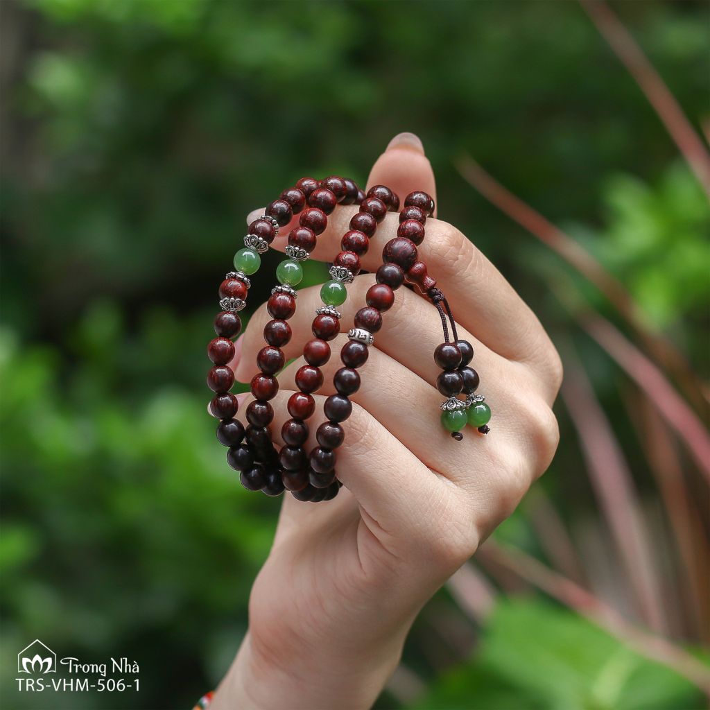 Tràng hạt niệm Phật Vương Mộc Tử Đàn, Tràng hạt tử đàn mix ngọc bích, charm om mani padme hum ( VHM 506 )