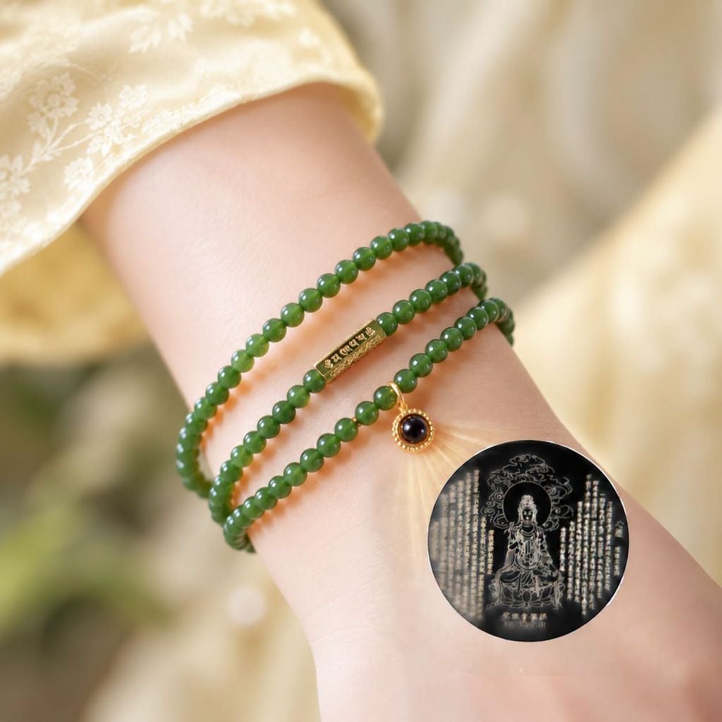 Vòng ngọc bích cuốn 3 charm phổ chiếu vàng ( TRSV VHM 005 )