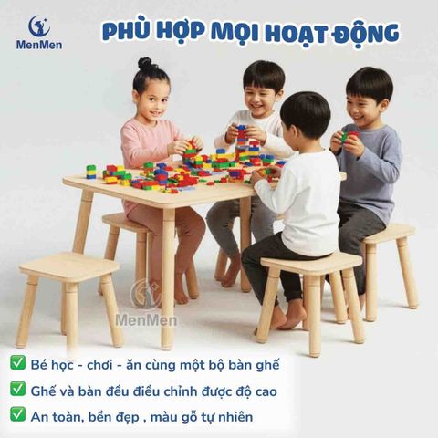  Bộ bàn ghế Montessori gỗ tự nhiên có cuộn giấy vẽ cho bé 3–6 tuổi 