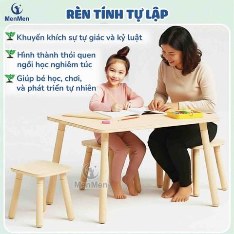  Bộ bàn ghế Montessori gỗ tự nhiên có cuộn giấy vẽ cho bé 3–6 tuổi 