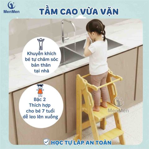  Learning Tower MenMen Montessori - Tháp Học Tập & Ghế Bậc Thang Gỗ Gấp Gọn, Chống Ngã, Điều Chỉnh 2 Cấp Độ Cho Bé Tự Lập ( Từ 3- 7 Tuổi) 