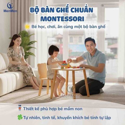  Bàn Ghế Gỗ MenMen Montessori Có Thể Điều Chỉnh Chiều Cao Cho Bé Mầm Non 