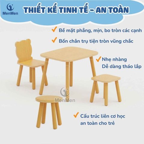  Bàn Ghế Gỗ MenMen Montessori Có Thể Điều Chỉnh Chiều Cao Cho Bé Mầm Non 