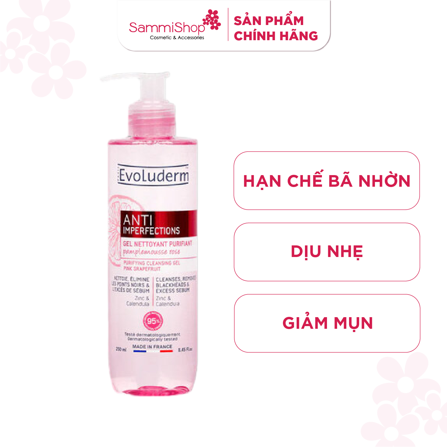 Evoluderm Gel rửa mặt Anti Imperfections Purifying Cleansing Gel Pink Grapefruit ZinC & Calendula 250ml