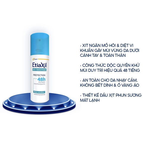 Etiaxil Xịt khử mùi Anti - Transpirant Protection 48h Peaux Sensibles Vaporisateur Sans Gaz 100ml