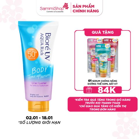 M1T1 02.01-18.01 Biore Serum Chống nắng dưỡng thể UV Aqua Rich Body Tone Up Lilac Luster SPF50+ PA+++ 130ml