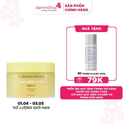 Bring Green Bông tẩm nước hoa hồng  Super Lemon Glutathione Toner Pad 150g