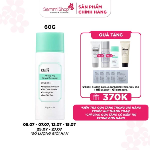 Dear, Klairs Kem chống nắng All-day Airy Mineral Sunscreen