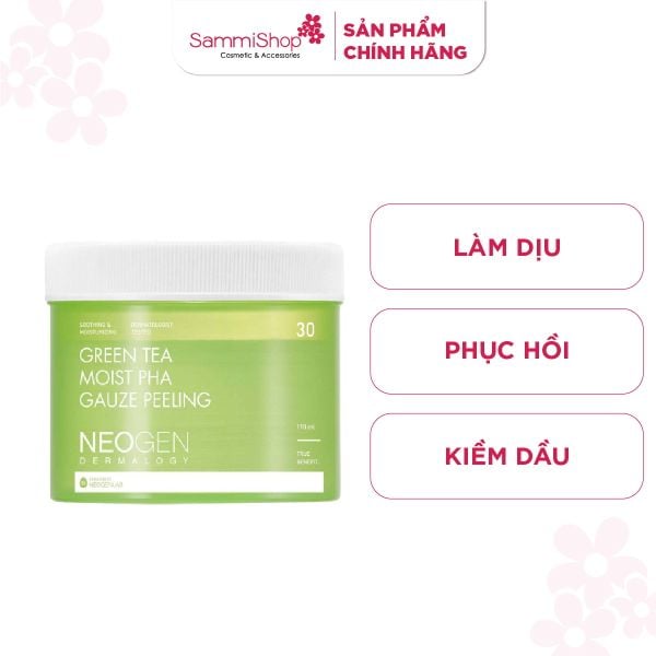Neogen Dermalogy Tẩy tế bào chết trà xanh làm dịu và phục hồi da dầu mụn Green Tea Moist Pha Gauze Peeling 30 Miếng