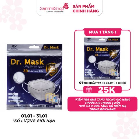 1.1-31.1 Dr.Mask Túi Khẩu trang 3 lớp 3DS1 5 chiếc - Trắng KT 3DS1