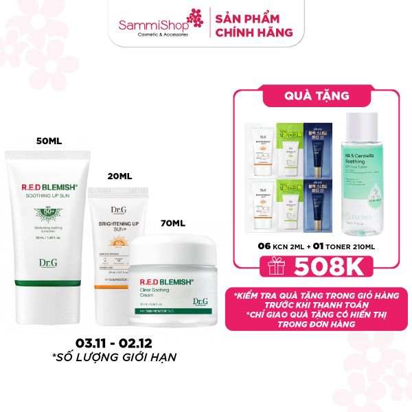 COMBO 03.11 - 02.12 Dr.G Kem chống nắng R.E.D Blemish Soothing Up Sun SPF 50+ PA++++ 50ml + Dr.G Bộ chăm sóc da R.E.D BLEMISH Clear Soothing Cream Bonus Set