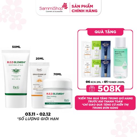 COMBO 03.11 - 02.12 Dr.G Kem chống nắng R.E.D Blemish Soothing Up Sun SPF 50+ PA++++ 50ml + Dr.G Bộ chăm sóc da R.E.D BLEMISH Clear Soothing Cream Bonus Set