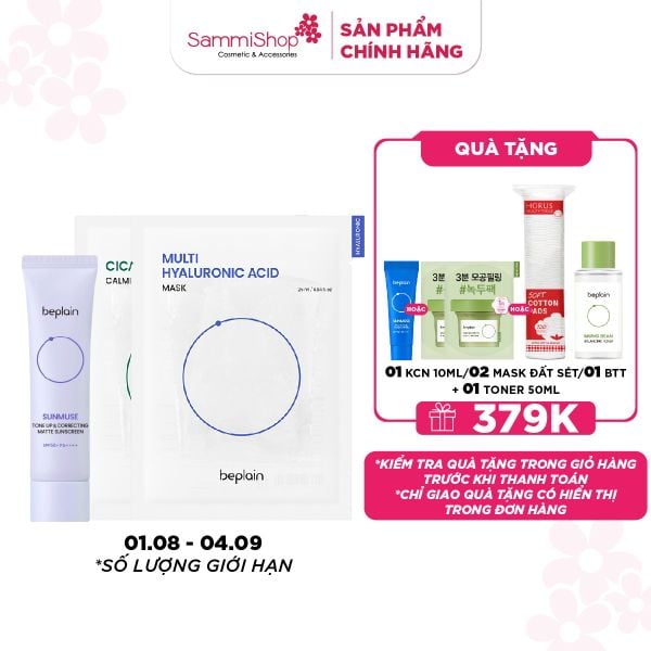 COMBO 01.08 - 04.09 Beplain Kem chống nắng Sunmuse Tone Up & Correcting Matte Sunscreen 50ml + 2 Beplain Mặt nạ dưỡng da bất kỳ