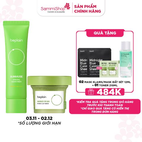 COMBO 03.11 - 02.12 Beplain Kem chống nắng Sunmuse Mineral Sunscreen SPF50+ PA++++ 50ml +  Beplain Mặt nạ đất sét Mung Bean Pore Clay Mask 120ml