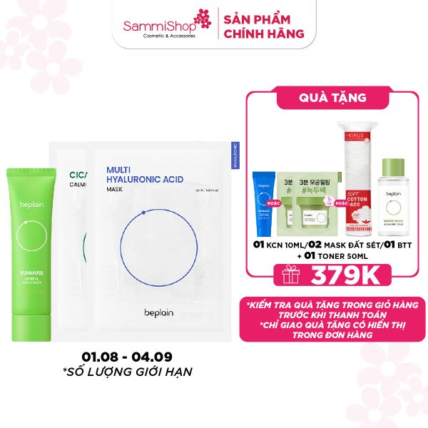 COMBO 01.08 - 04.09 Beplain Kem chống nắng Sunmuse Mineral Sunscreen SPF50+ PA++++ 50ml + 2 Beplain Mặt nạ dưỡng da bất kỳ