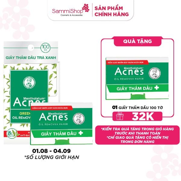 COMBO 01.08 - 04.09 Combo Acnes Giấy thấm dầu Green Tea Oil Remover Paper 100 tờ + Acnes Giấy thấm dầu Oil Remover Paper 100 tờ