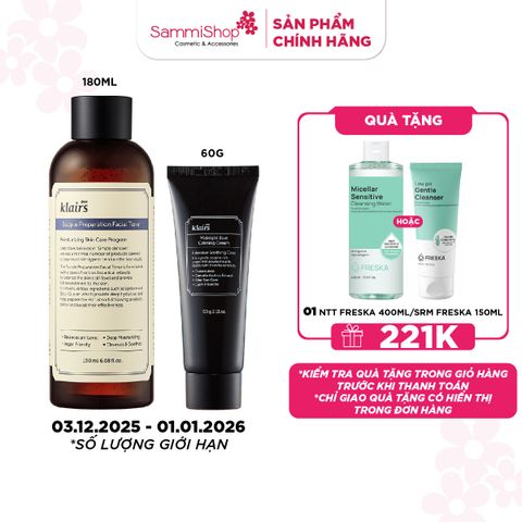 COMBO 03.12 - 01.01 Dear, Klairs nước hoa hồng Supple Preparation 180mL BẤT KỲ + Dear, Klairs Kem dưỡng Midnight Blue Calming Cream 60g