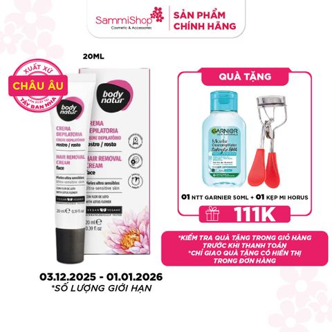 APP + WEB 3.12 - 1.1 Body Natur Kem Tẩy Lông Hair Removal Cream Face Ultra-Sensitive Skin With Lotus Flower 20ml
