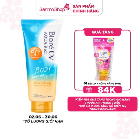 02.06-30.06 Biore Serum Chống nắng dưỡng thể UV Aqua Rich Body Tone Up Peach Pearly SPF50+ PA+++ 130ml