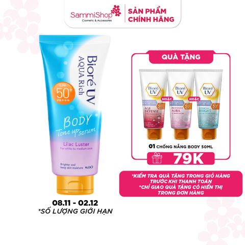 M1T1 8.11-02.12 Biore Serum Chống nắng dưỡng thể UV Aqua Rich Body Tone Up Lilac Luster SPF50+ PA+++ 130ml