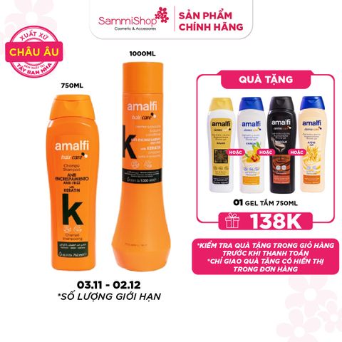 3.11 - 2.12 COMBO Amalfi Dầu gội  Anti-Frizz Shampoo with Keratin 750ml + Amalfi Dầu xả Anti-frizz Conditioner with Keratin 1000ml