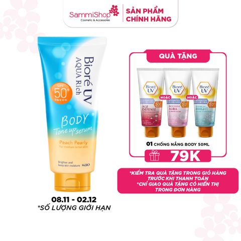 M1T1 8.11-02.12 Biore Serum Chống nắng dưỡng thể UV Aqua Rich Body Tone Up Peach Pearly SPF50+ PA+++ 130ml