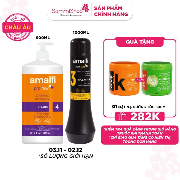 3.11 - 2.12 COMBO Amalfi Dầu gội Keratin Shampoo 900ml + Dầu xả Triple Action Conditioner 1000ml