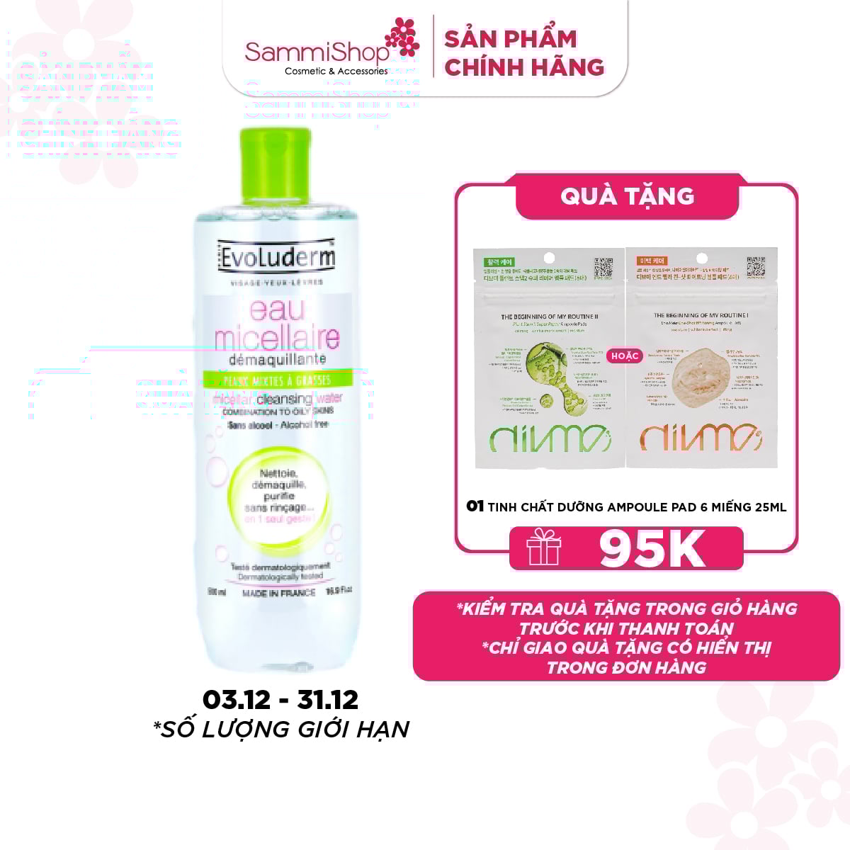 Evoluderm Nước tẩy trang Micellar Cleansing Water Combination To Oily Skins 250ml