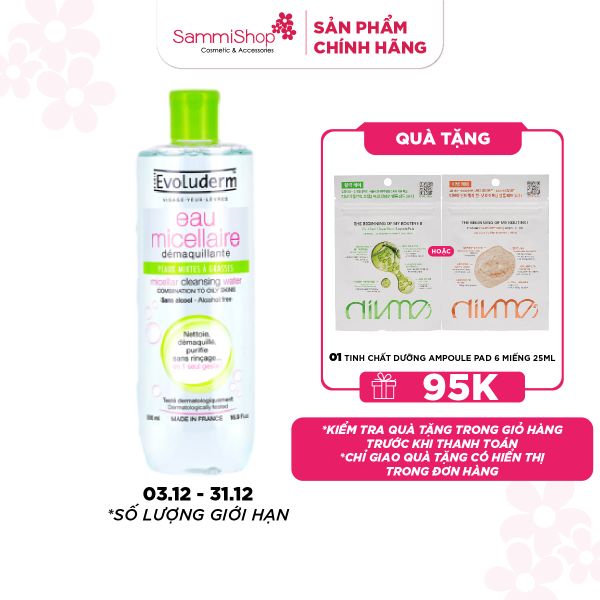 Evoluderm Nước tẩy trang Micellar Cleansing Water Combination To Oily Skins 250ml