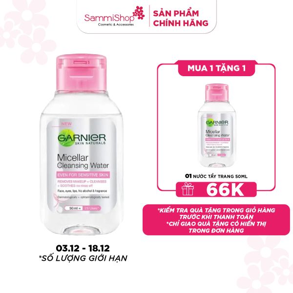 03.12 - 18.12 MEGA SALE Garnier Nước tẩy trang Micellar Cleansing Water Even For Sensitive Skin 50ml