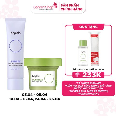 APP-WEB SPIKEDAY 14.04 - 16.04 COMBO Beplain Kem chống nắng Sunmuse Tone Up & Correcting Matte Sunscreen 50ml + Beplain Mặt nạ đất sét Mung Bean Pore Clay Mask 120ml