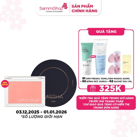 COMBO 03.12 - 01.01 Missha Phấn nước Stay Cushion High Cover 14g BẤT KỲ + Missha Phấn má Cotton Blush 4.2g BẤT KỲ