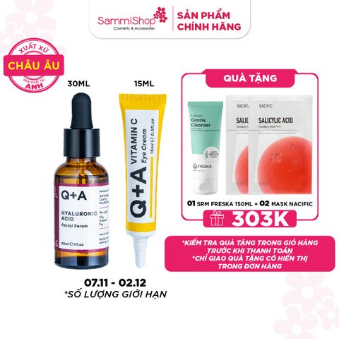 7.11 - 2.12 COMBO Q+A Tinh chất Caffeine Eye Serum 15ml/ Q+A Tinh chất Hyaluronic Acid Facial Serum 30ml + Q+A Kem dưỡng da vùng mắt Vitamin C Eye Cream 15ml