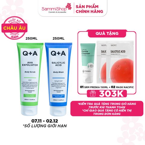 7.11-2.12 COMBO  Q+A Sữa tắm 250ml bất kỳ + Q+A Tẩy da chết AHA Exfoliator Body Scrub 250ml