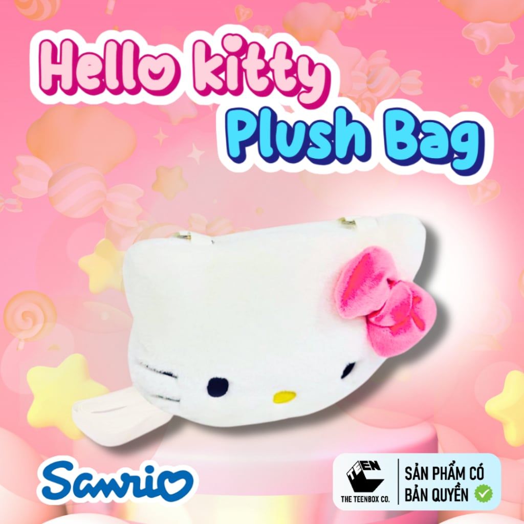 Túi Bông Mặt Hello Kitty 20cm – Túi Đeo Chéo Sanrio Chính Hãng, Quà Tặng Đáng Yêu, Phân Phối Bởi Teenbox