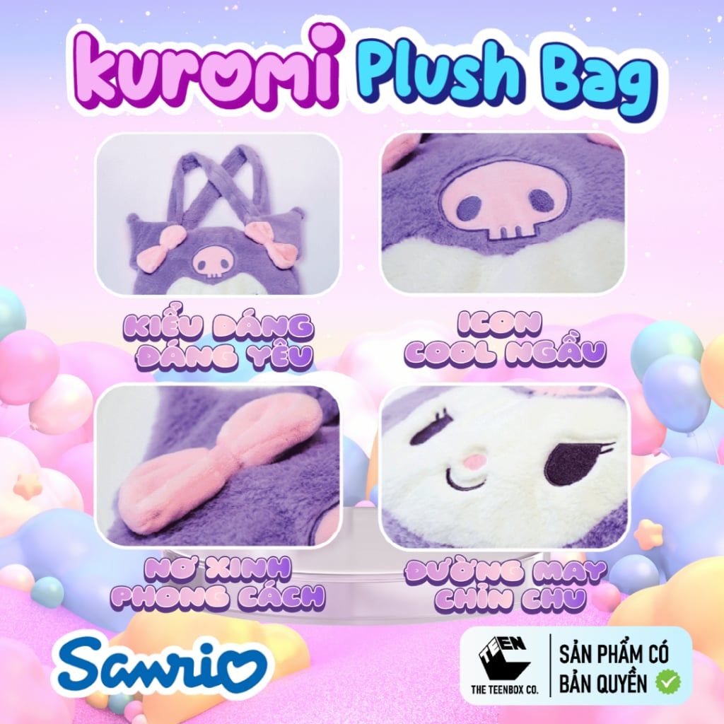 Túi Bông Mặt Kuromi 35cm – Túi Đeo Vai Sanrio Chính Hãng Cao Cấp, Mềm Mại, Teenbox Phân Phối