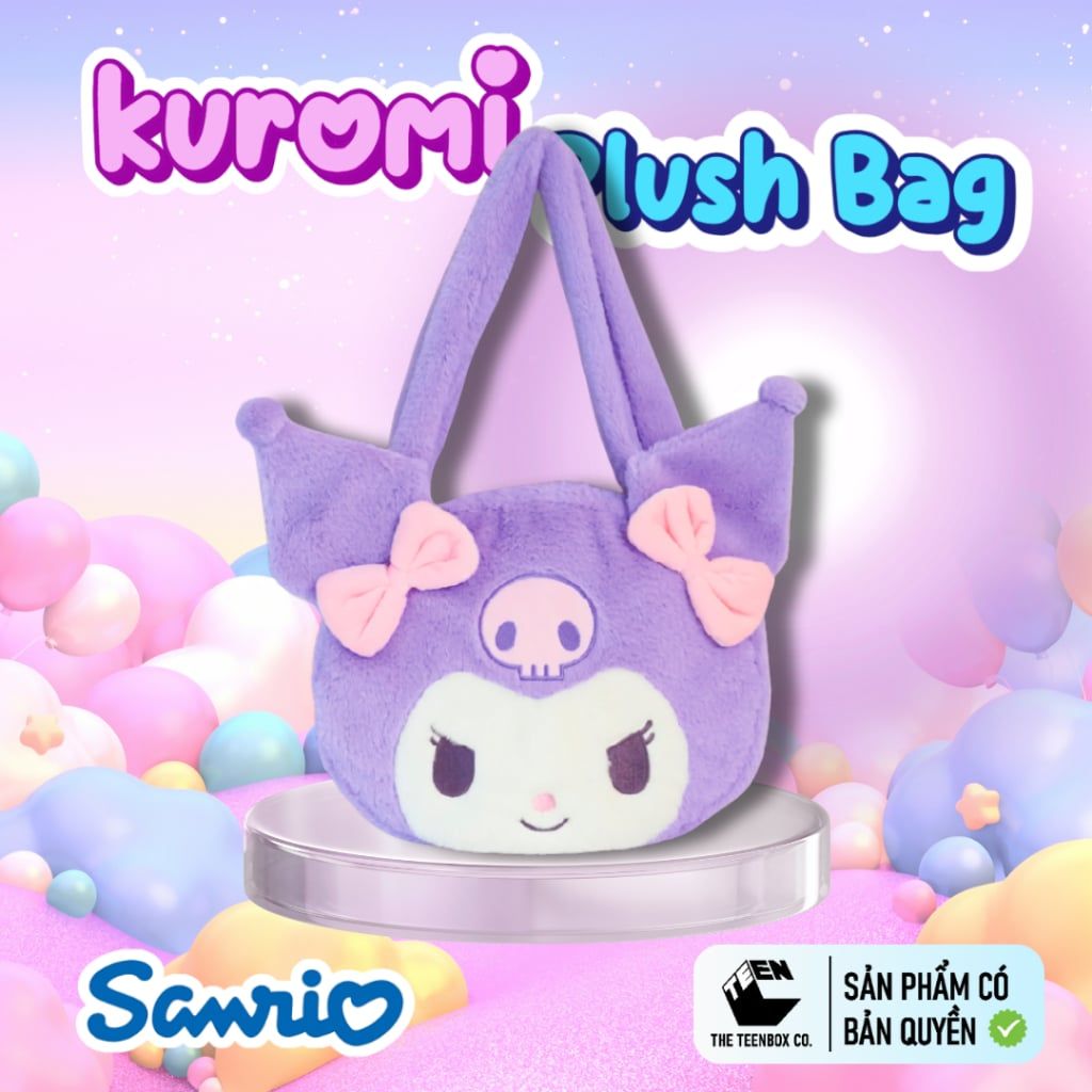 Túi Bông Mặt Kuromi 35cm – Túi Đeo Vai Sanrio Chính Hãng Cao Cấp, Mềm Mại, Teenbox Phân Phối