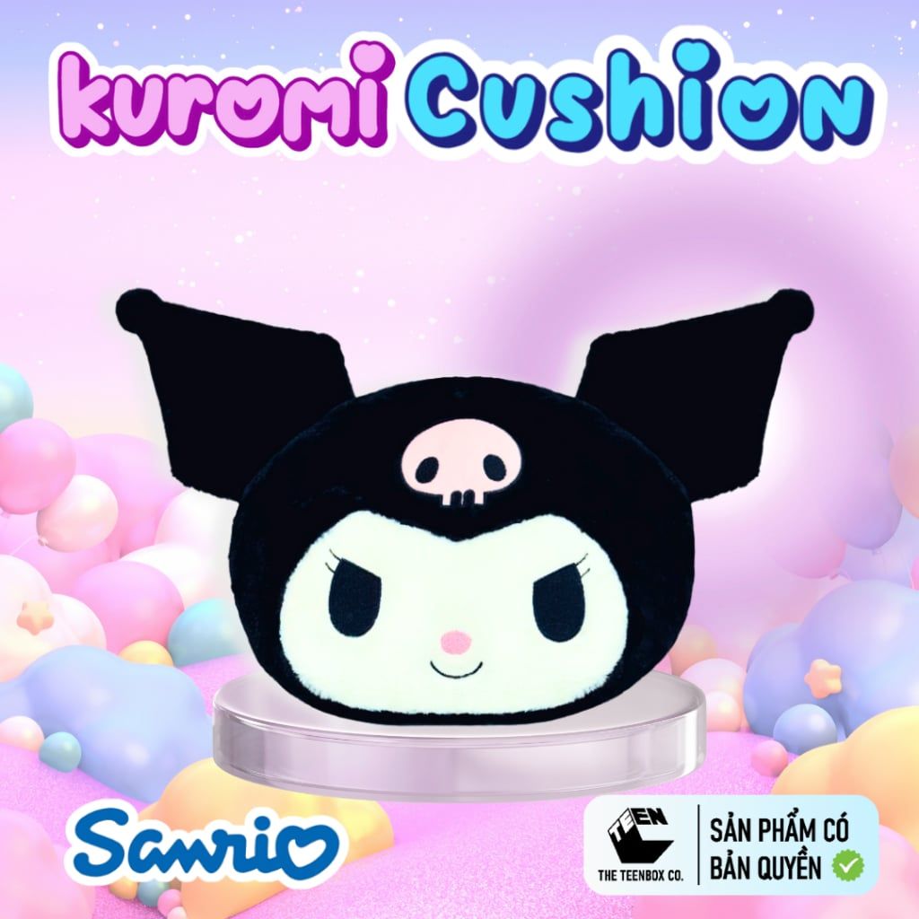 Gối Bông Mặt Kuromi 30cm – Gấu Bông Sanrio Chính Hãng Cao Cấp, Mềm Mịn, Teenbox Phân Phối